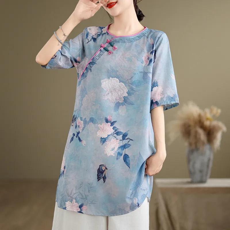 

Женская блузка-туника в китайском стиле с цветочным принтом, полурукав, свободный крой, повседневная L синий