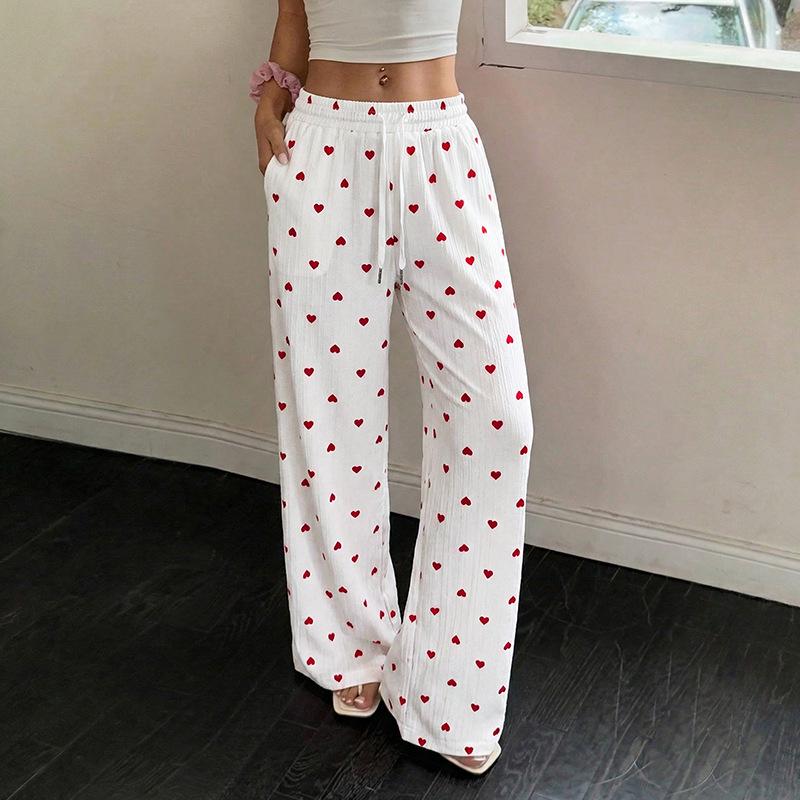 European & American Women's 2026 Heart Pattern Lace-up Wide-Leg Pants - Summer Casual Wear