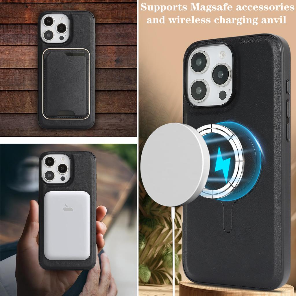 For iPhone 13 Pro Max Case Compatible with MagSafe Ultra Thin Card Holder PU Leather Coated TPU Cover
