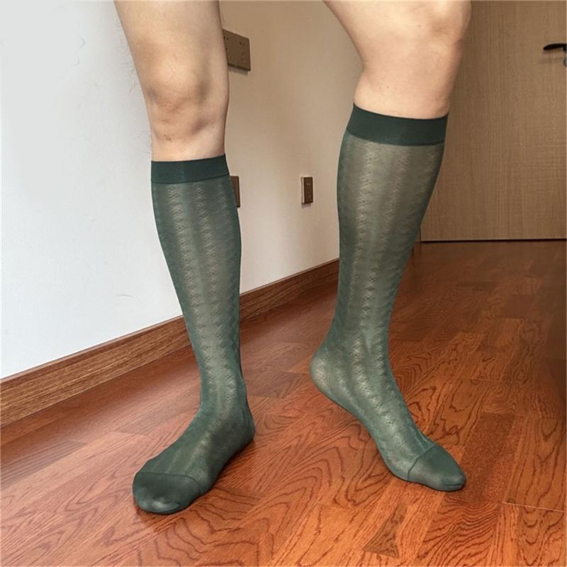 Men Thin Business Dress Socks Stretchy Nylon Sheer Knee Highs Dress Socks Over the Calf Dress Socks Sheer Casual Socks