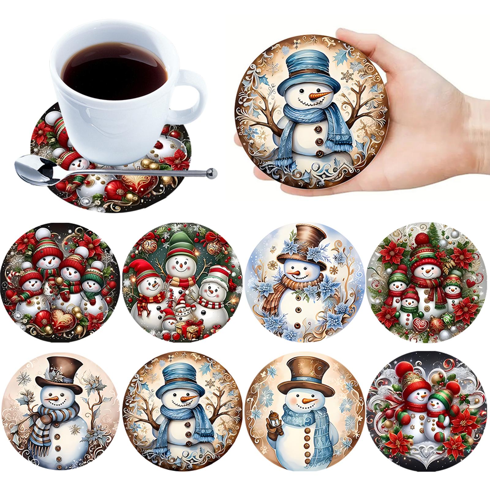 

8Pcs Wooden Christmas Snowman Cup Coasters Set Non Slip Round Coasters Coffee Mug Coasters for Beginners Adults