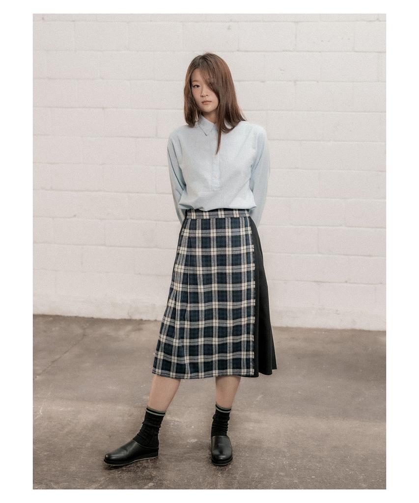 Cotton Bell Check Overlap Skirt - Navy Check