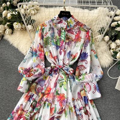 Fashion Spring Summer Beach Flower Print Chiffon Dress Women's Lantern Sleeve Holiday Lace Up Belt Boho Loose Long Maxi Robe