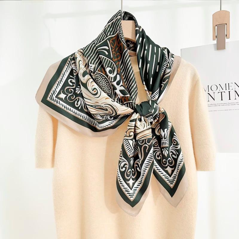 90Cm Geometric Printed Scarf Women'S Spring Summer New Imitation Silk Twill Square Scarf Temperament Versatile Headscarf Shawl