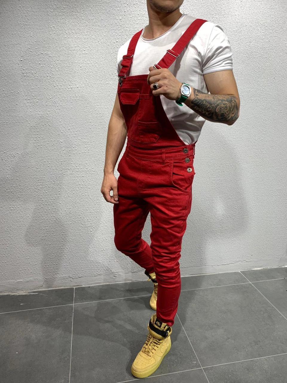 

2019 Slim Fit Мужской многокарманный рабочий комбинезон XL красный