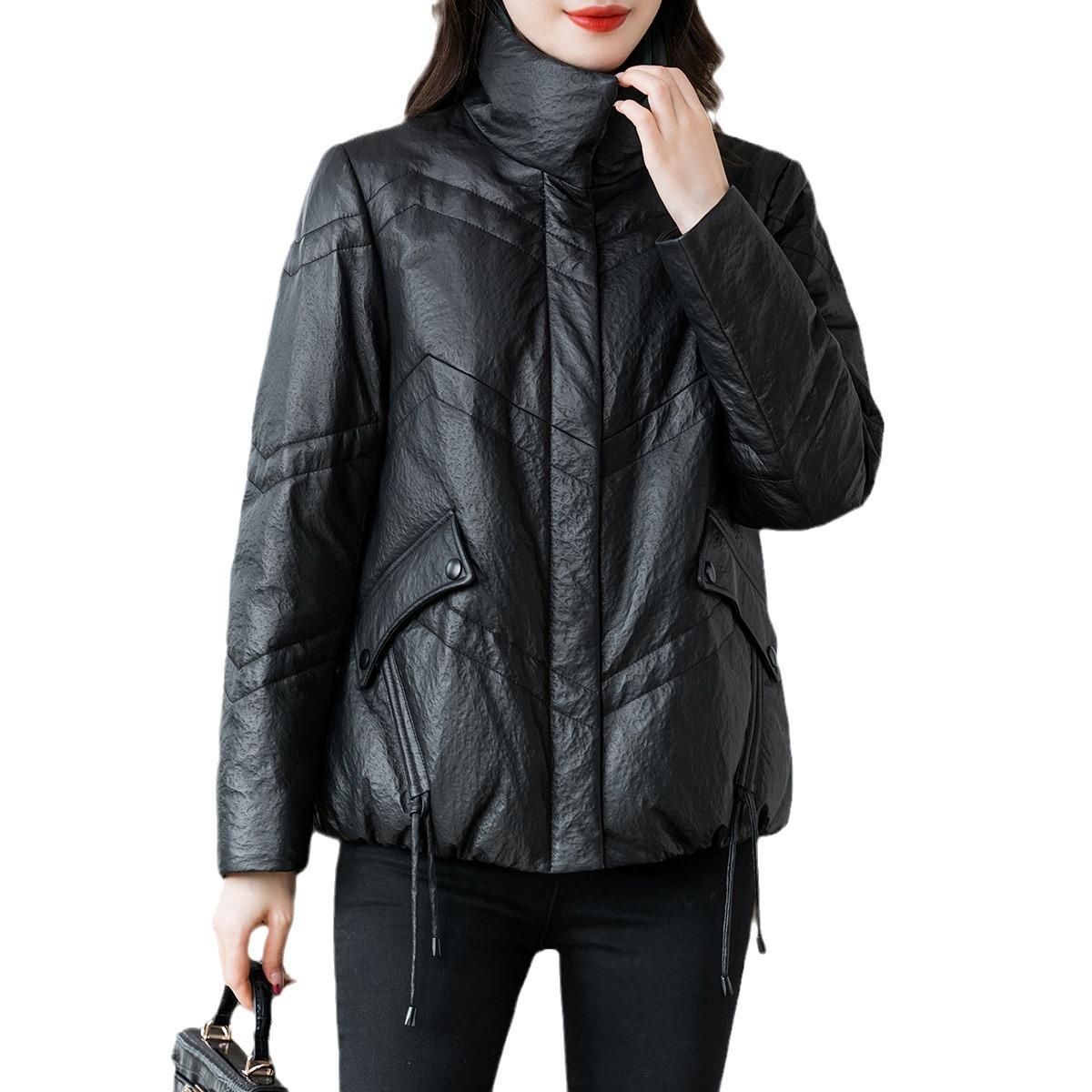 

Зимняя новая стильная куртка из натуральной кожи женская короткая овчина черная квадратный воротник теплая кожаная куртка толстая 4XL