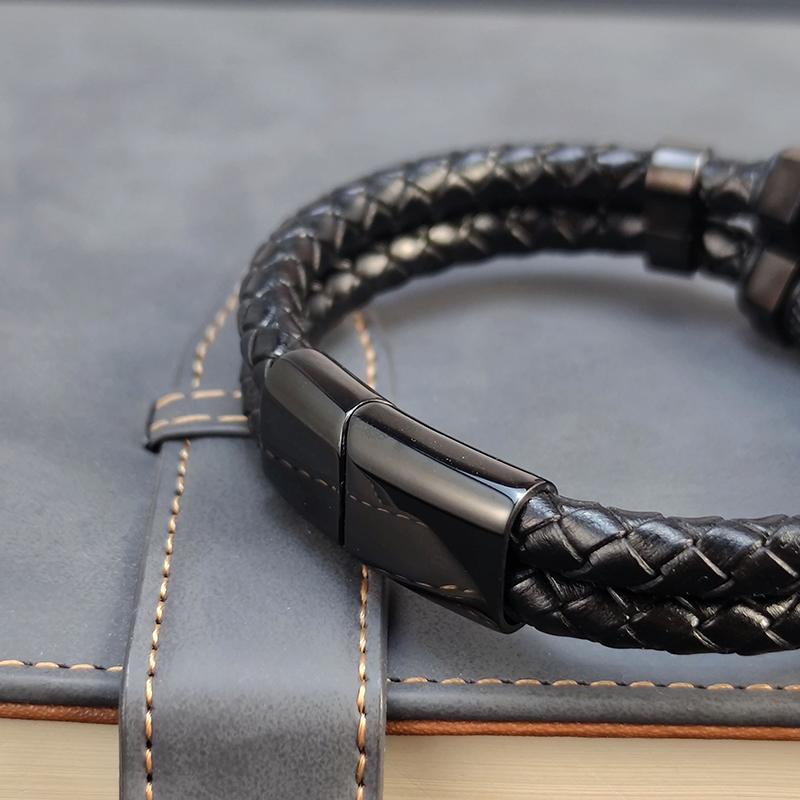 Fashion Luxury Stainless Steel Beaded Hexagon Bracelet Men's Jewelry Classic Multilayer Braided Leather Bracelet Homme Men Gift