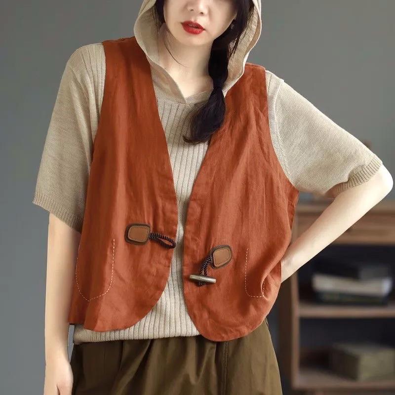 

Хлопковый жилет для женщин, льняной жилет без рукавов, винтажный джинсовый жилет, большой размер, принты, универсальный повседневный жилет на пуговицах XXL оранжевый