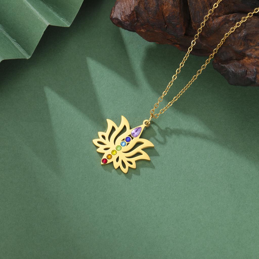 Gold Plated 7 Chakra Lotus Flower Necklace with Om Symbol Spiritual Yoga Jewelry Seven Colorful Zircon Lotus Flower Necklace