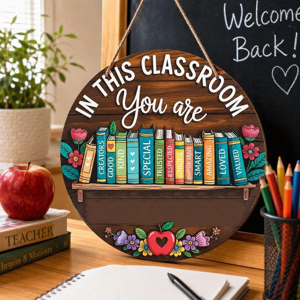 Cute 2D Flat Welcome Sign Round Wooden Ornaments Classroom Door Sign Colorful Decoration School Door Hanging School Decoration