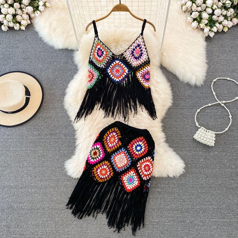 

Модный костюм Богема Праздничный Крючком Вязаный Кисточка Контрастный цвет Майка на бретелях Комплект из двух предметов Юбка с высокой талией Black One size