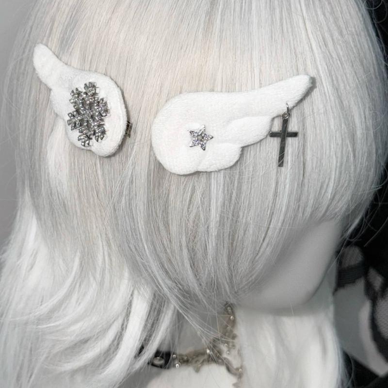 1 Pair Snowflake Wing Crucifix Hair Clip Soft Plush Gothic Style Hair Accessory Barrette For Women And Girls