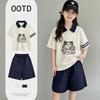 Girls' Summer Cotton Collared Short-Sleeve T-Shirt & POLO Shirt Set - Medium/Large, Color Block with Letters.