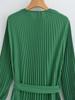 2025 Spring/Autumn Women's Fashion Crew Neck Long Sleeve Belted Pleated Maxi Dress