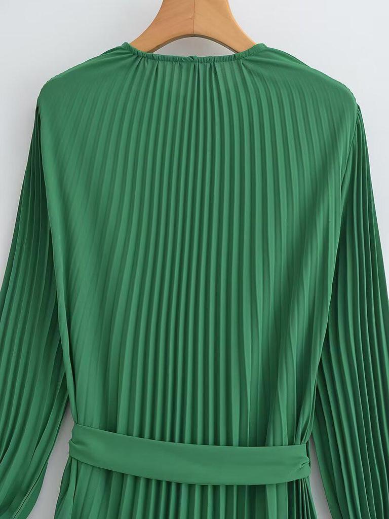 2025 Spring/Autumn Women's Fashion Crew Neck Long Sleeve Belted Pleated Maxi Dress
