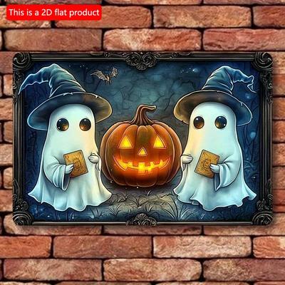 2D Flaches Holzschild 30*20cm Quadratisches Holzschild, Halloween Geister und Kürbis Dekoschild, Vintage Wandkunst, Mehrzweck Heimdekor, Festliche Party