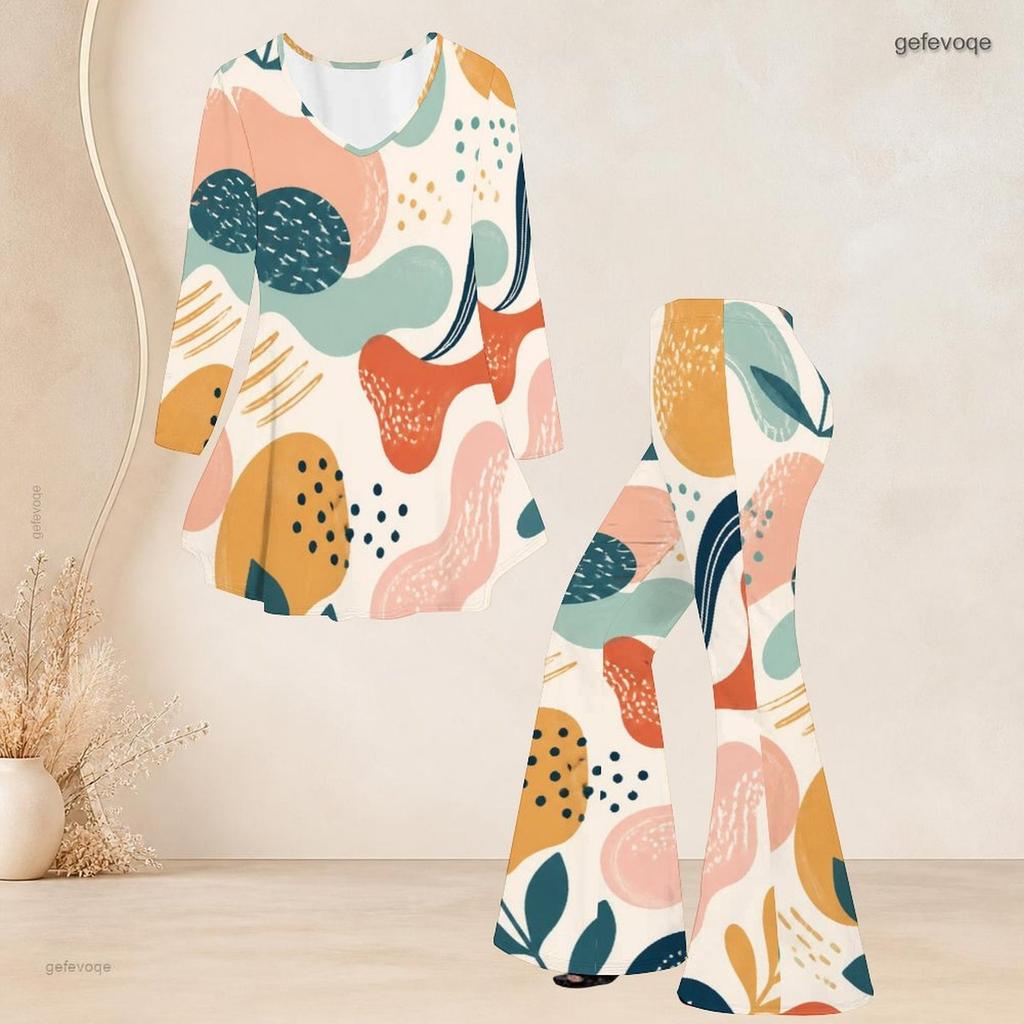 Women Plus Size Round Neck Three Quarter Sleeve Printed Flared Top And Flared Pants Two Piece Set