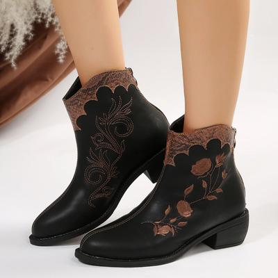 Classic Embroidered Western Boots Women 2024 Winter Retro Pointed Toe Women's Boots Comfortable Mid-heel Zipped Ankle Boots