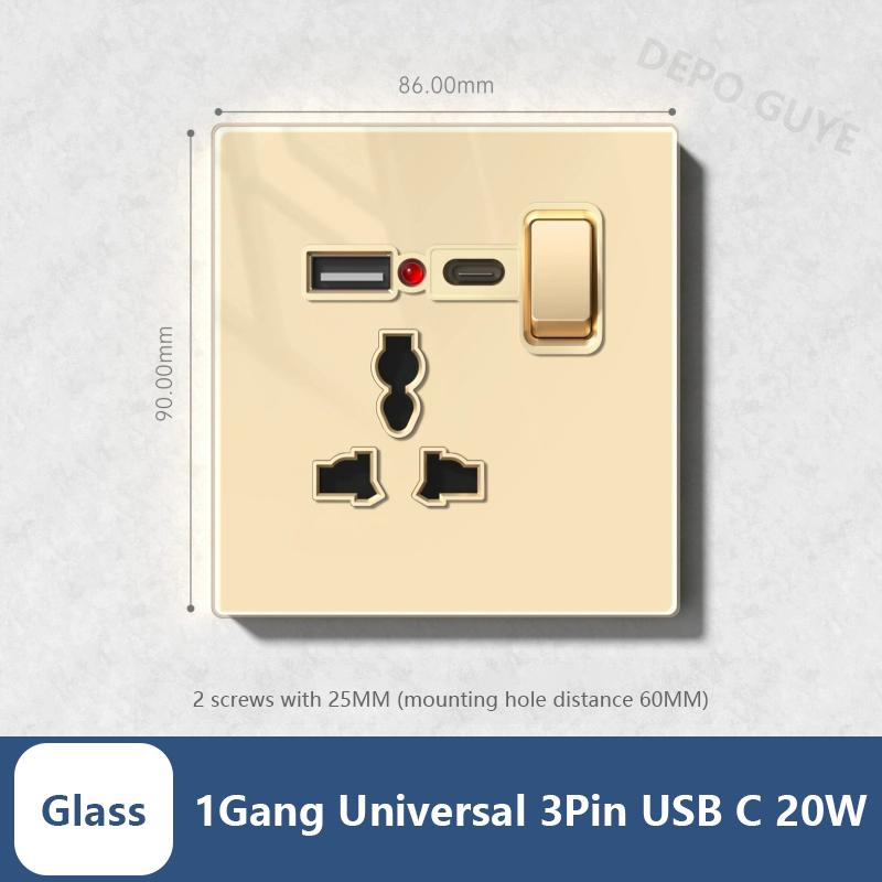 Universal 20W Type-C Wall Quick Charge Socket,Dual Switch Control Universal Power outlet,White UK Standard USB Interface Socket