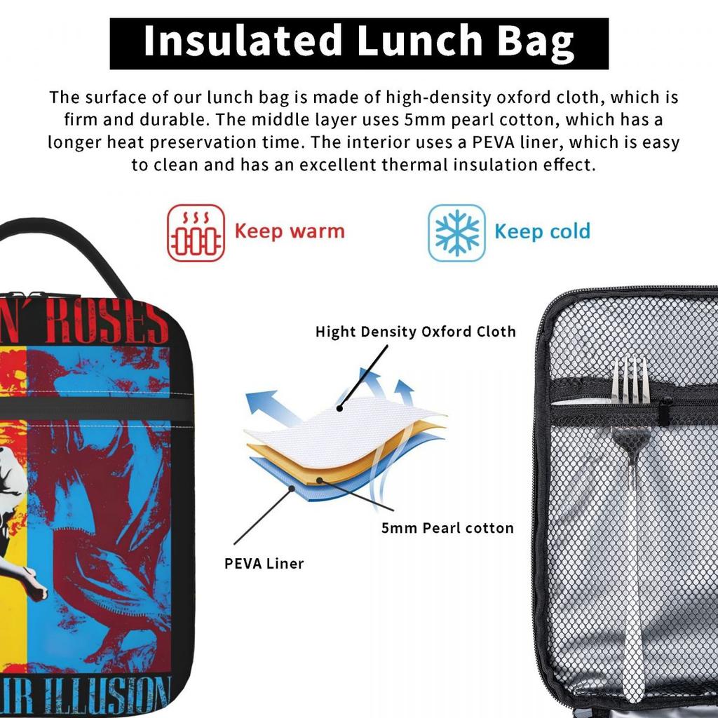 Guns N Roses Band Lunch Bag For Men Lunch Box Retro Office Cooler Bag Portable Insulated Waterproof Tote Food Bags
