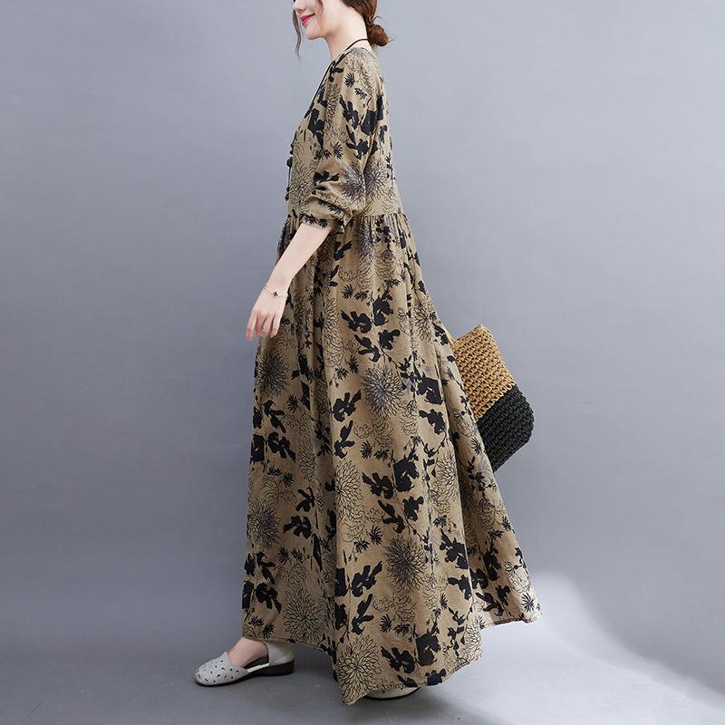 New Large Size Casual Printed Long-sleeved Dress Women Loose Fashion Long Skirt