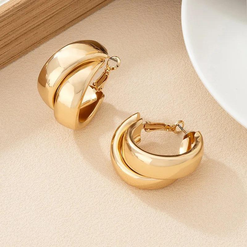 Vintage Stainless Steel Double-Layer Hoop Earrings For Women Fashion Geometric Round Drop Earrings Trendy Party Jewelry