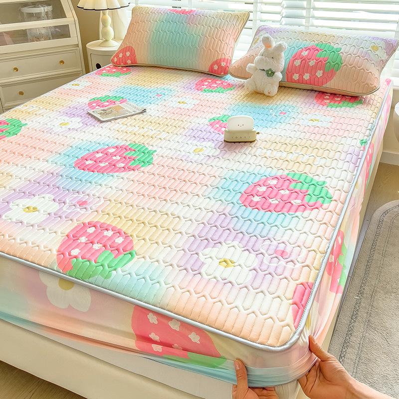 3Pcs Summer Natural Latex Cooling Mat Set Cartoon Printed Fitted Sheet with Pillowcase Soft Non-Slip Bedding with Elastic Band