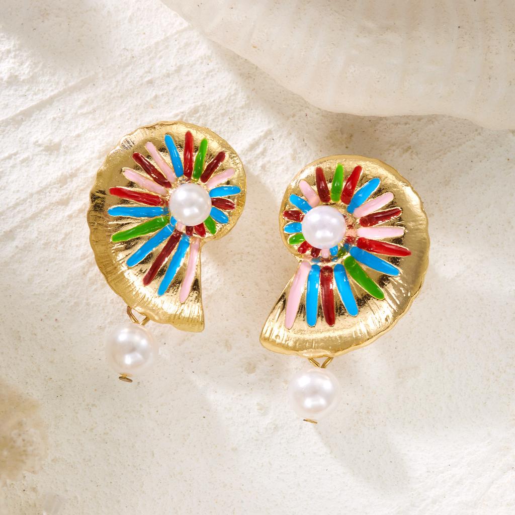 Summer Beach Starfish Shell Pearl Drop Earring for Women Boho Colorful Enamel Ocean Dangle Earring Vacation Jewelry  Accessories