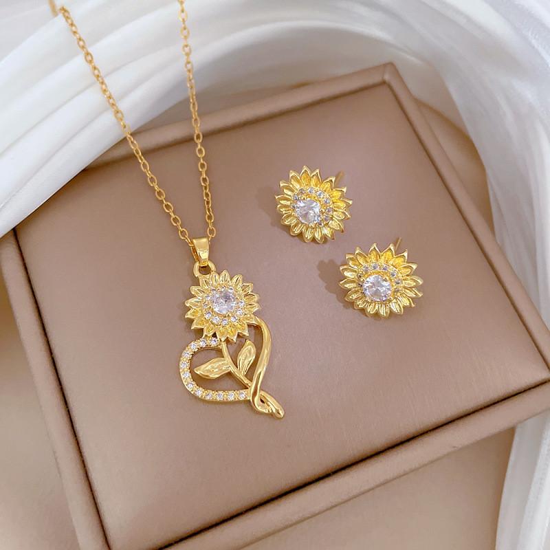 Light Luxury Cherry Flower Zircon Jewelry Sets Stainless Steel Chains Geometric Pendant Necklace Earrings Gifts For Women Girls
