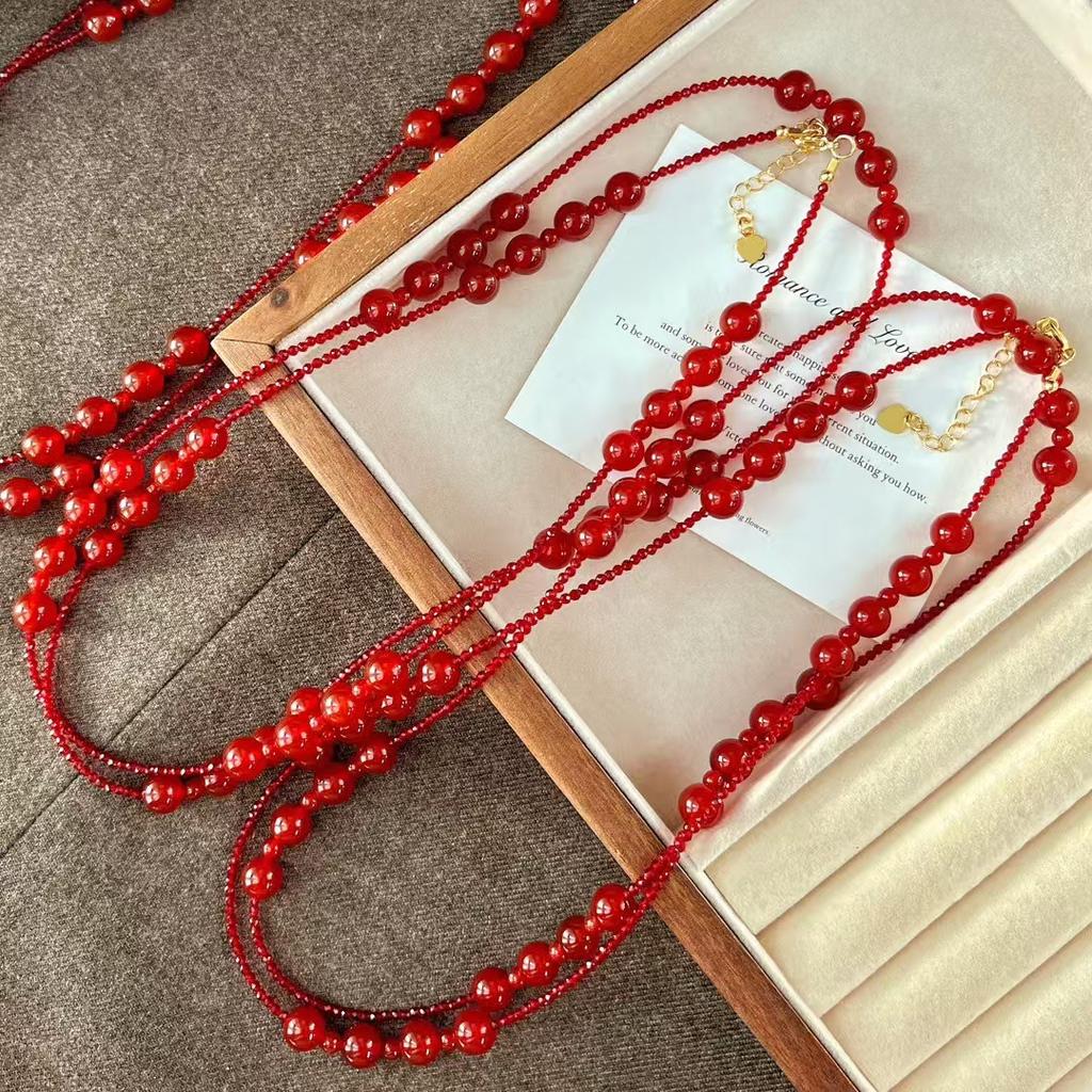 Natural Vitreous Pigeon Blood Red Chalcedony Agate Artificial Ruby Necklace Collarbone Chain Sweater Chain