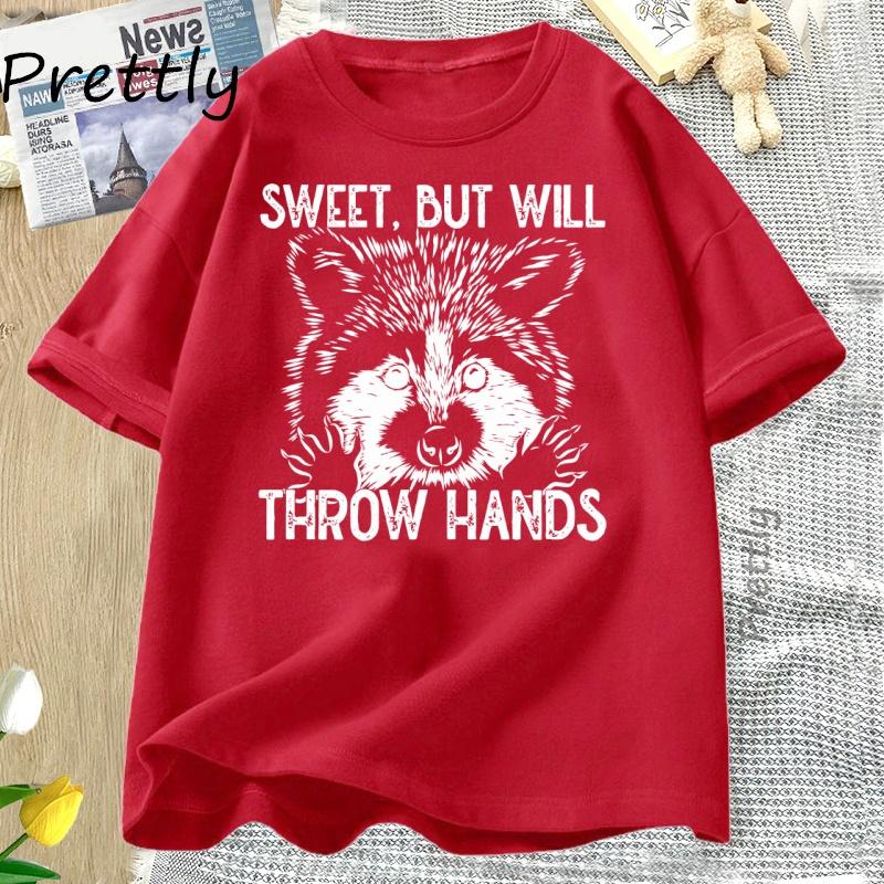 Sweet But Will Throw Hands TShirt Funny Raccoon T Shirt Vintage Retro Meme Graphic Tee Humorous Loose Short Sleeve Tees S