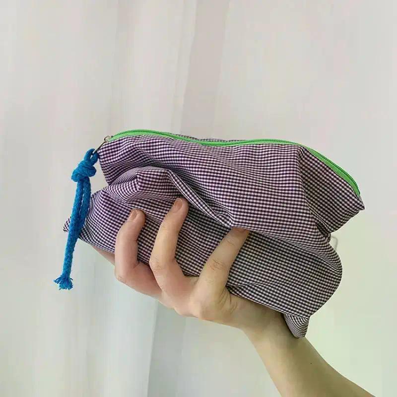 Women Girls Plaid Makeup Bag Cotton And Linen Cosmetic Bag With Zipper Pouch Simple Portable Large Capacity Storage Bag Fashion
