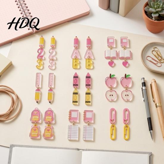 Youthful Look Fashion Accessories 1 Pair Teacher Earrings for Women Cute 2D Acrylic Crayon Pencil Backpack Stationery Themed Jewelry Teachers Number