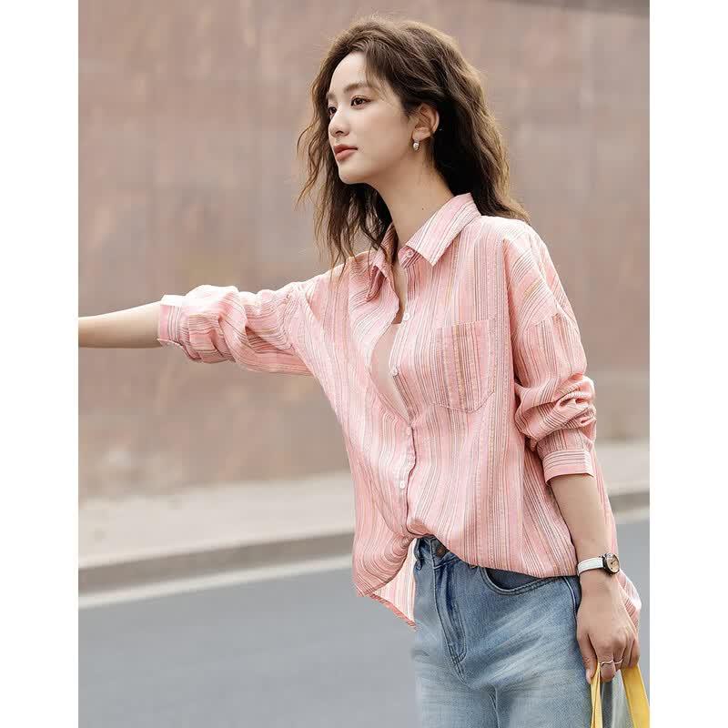 Women s Striped Lapel Long Sleeve Shirt M
