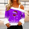 Women's Casual Fashion Sexy Off-Shoulder Collar Christmas Pattern Long Sleeve Crewneck T-Shirt Top