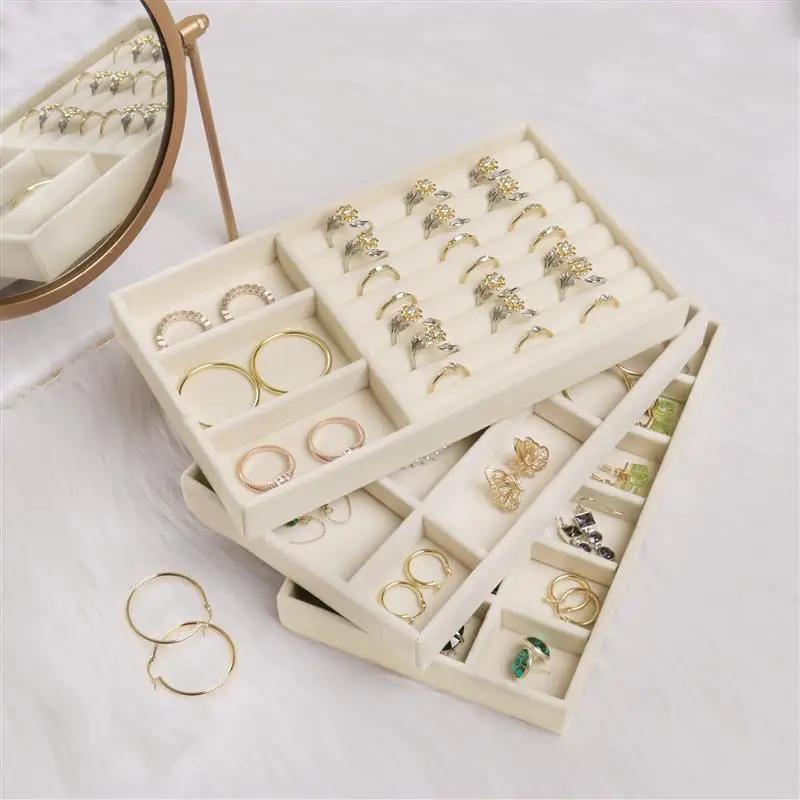 Upgrade Velvet Jewelry Storage Box Necklace Stackable Display Tray Bracelet Earring Organizers DIY Handicrafts Drawer Box Grey