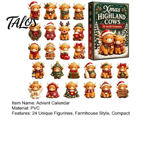 Unique Christmas Surprising Box Highland Cow Advent Calendar, 24 Cute 3D Mini Figures, Festive Decor Farmhouse Holiday Decor, Countdown Gift