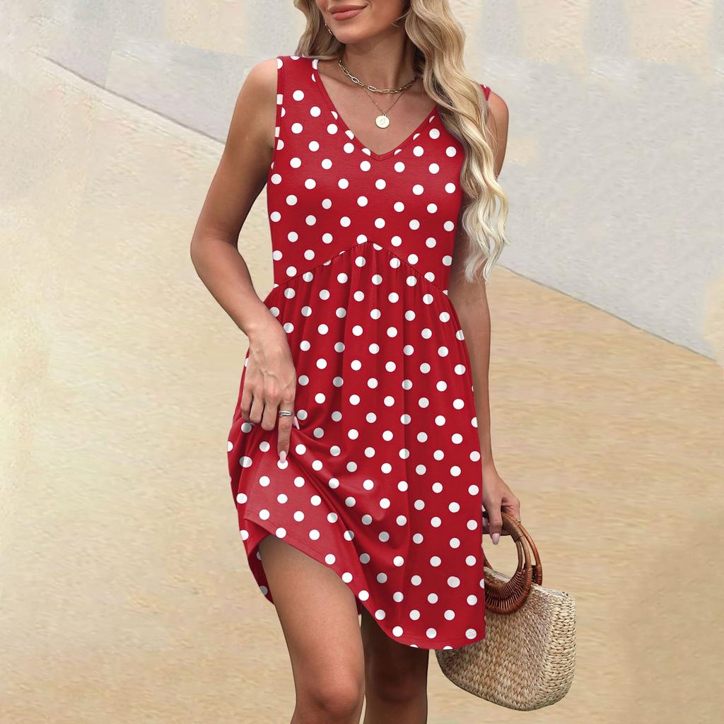 Women's Summer V-neck Casual Beach Vacation Style Vintage Print Sleeveless Splicing Dresses