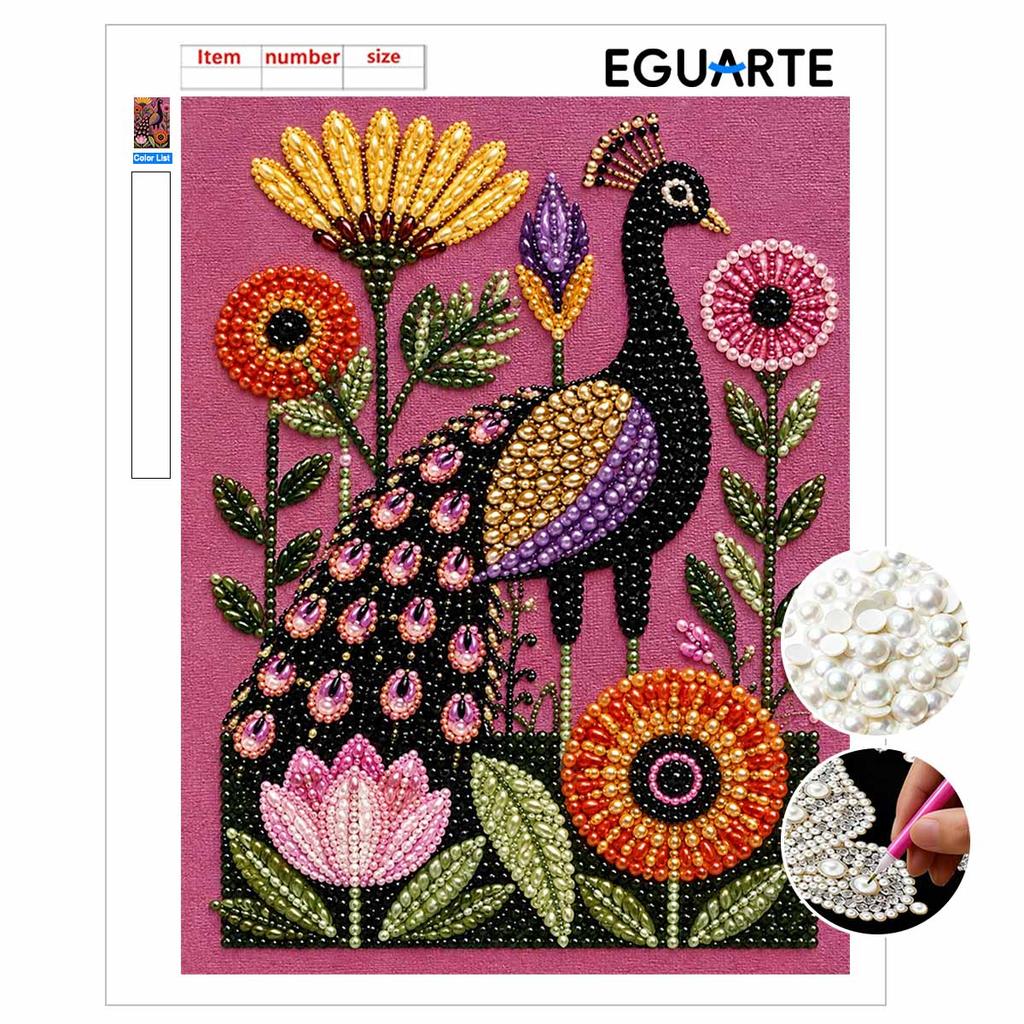 Peacock Flower Pearl Painting Kit with Frame Sparkling Bead Canvas Romantic Handmade Wall Decor Gift for Women