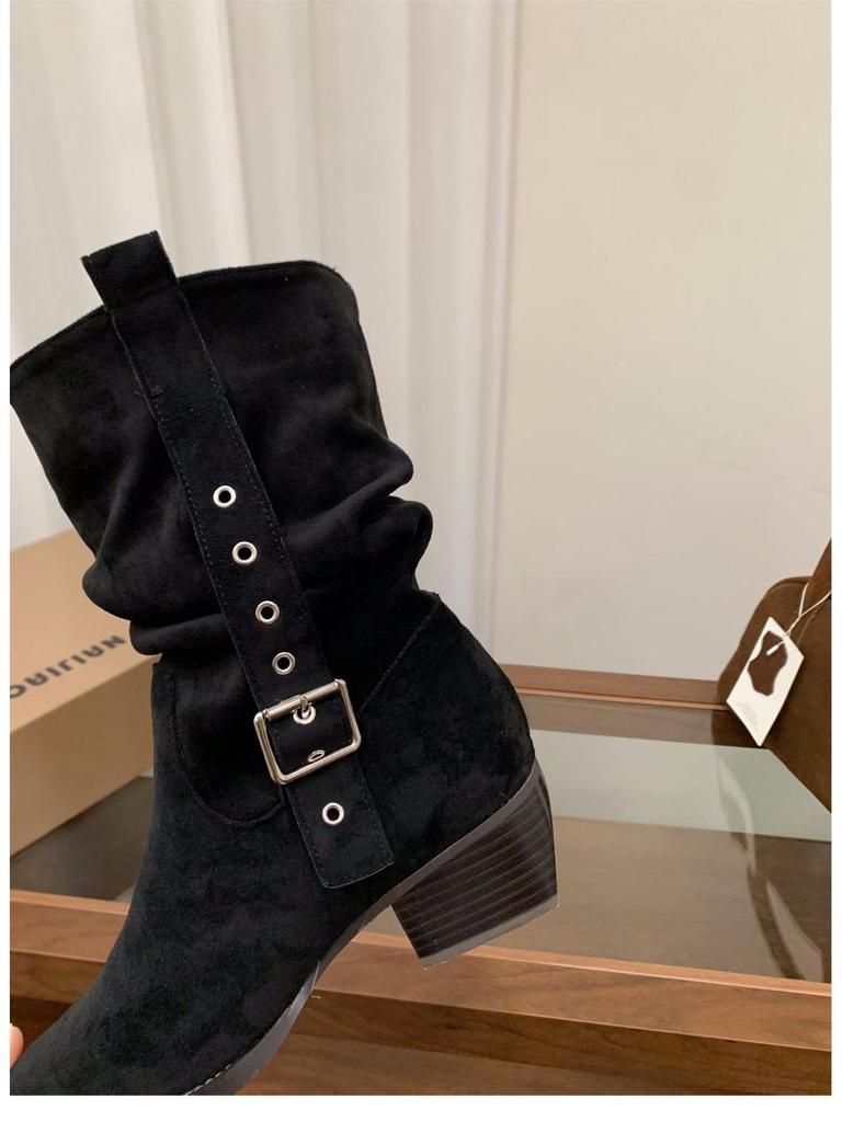 Women's Suede Pointed Toe Mid-Calf Western Boots - Autumn/Winter 2025 Collection