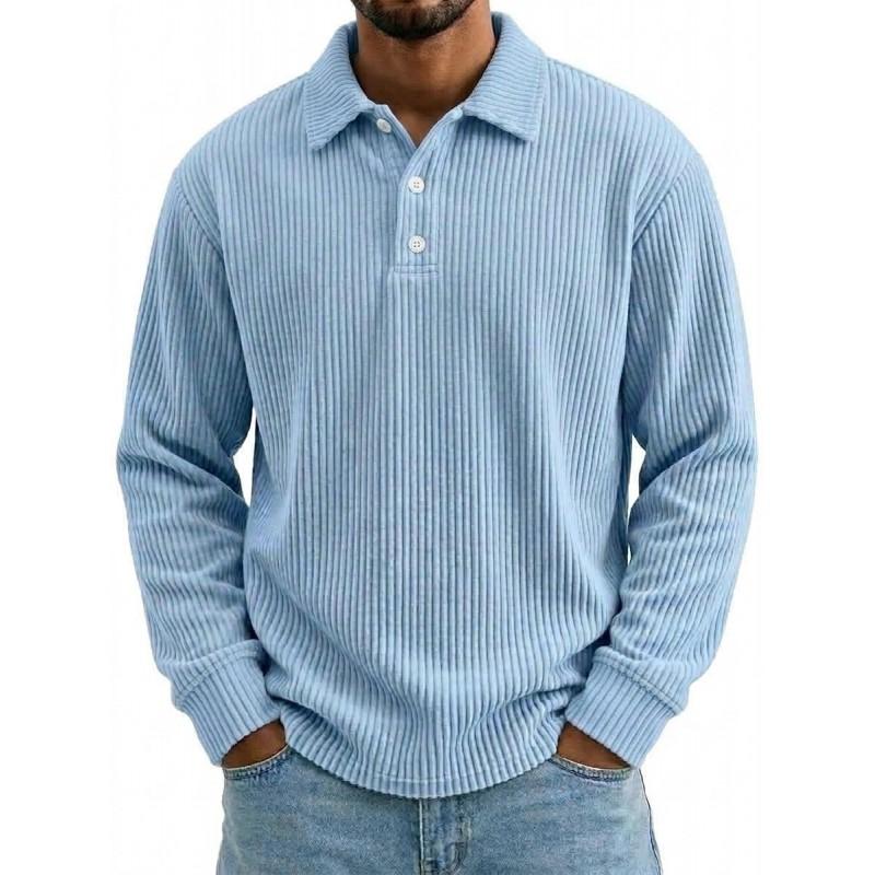 Mens Solid Corduroy Relaxed Fit Long Sleeve Polo Shirt Casual Wear