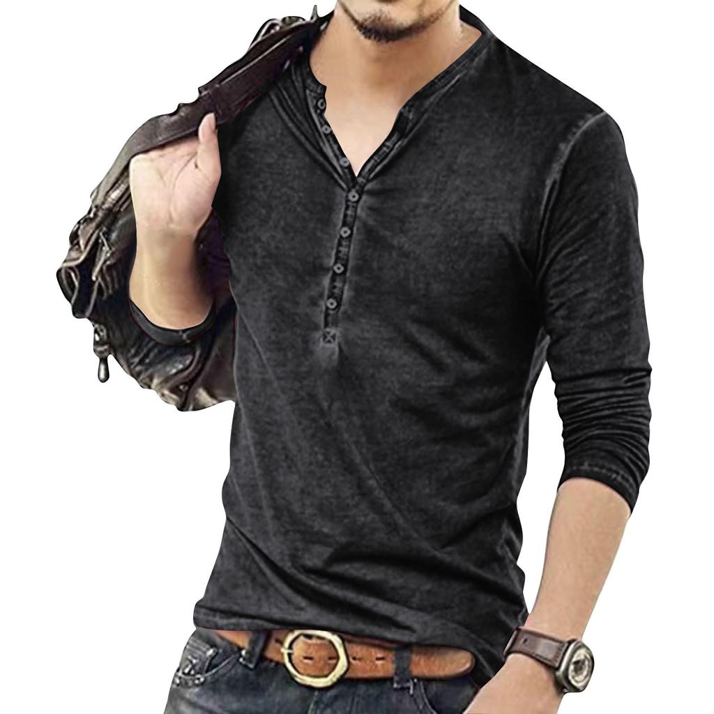 Men's Solid Color Long Sleeve Button Collar Long Sleeve T-Shirt Men's Casual Fashion Top