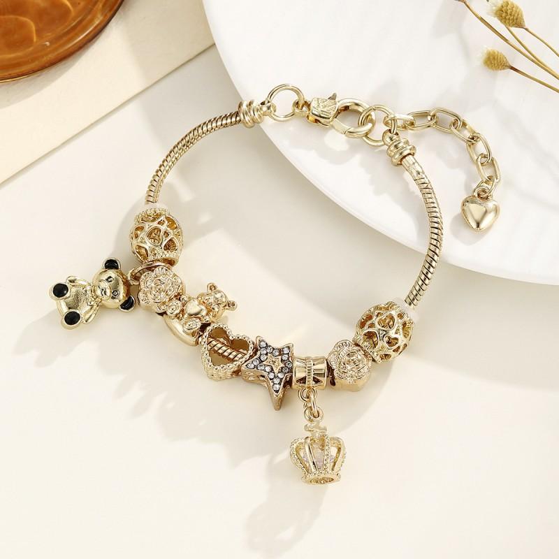 Adjustable Gold Plated Zinc Alloy Bracelet With Panda Crown Heart Charm Geometric Design Women