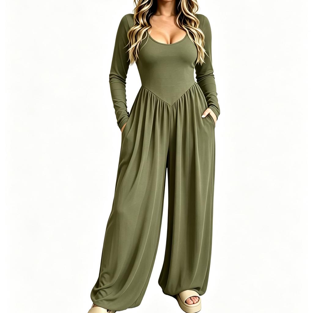 Women's Color Backless Long Sleeve Wide Leg Jumpsuit