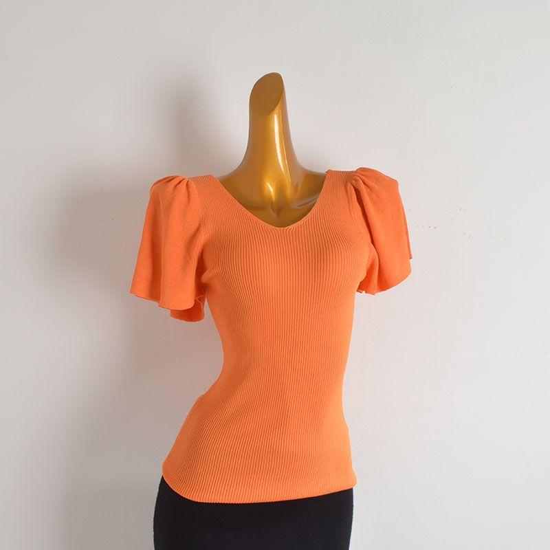 Cabinet V-neck Pleat Short sleeve Ice Silk Knit Women clothes Summer Pure Desire Wind Slim fit Slimming All-Match T-shirt Top