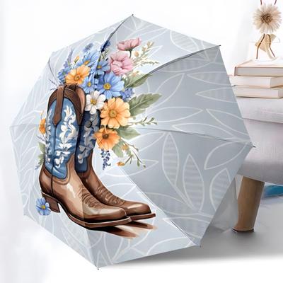 1pc Cowboy Boots Flowers Automatic Open/close Umbrella, 8-Rib Sturdy Structure, Portable Travel Umbrella, Parties, Everyday Use, Outdoor Accessory F21