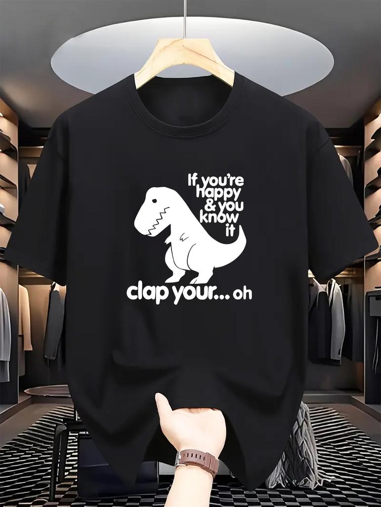 Men's Dinosaur Overlord Print T-Shirt - Casual Crew Neck, Regular Fit, Slight Stretch, Summer Short-Sleeve Tee - 180gsm