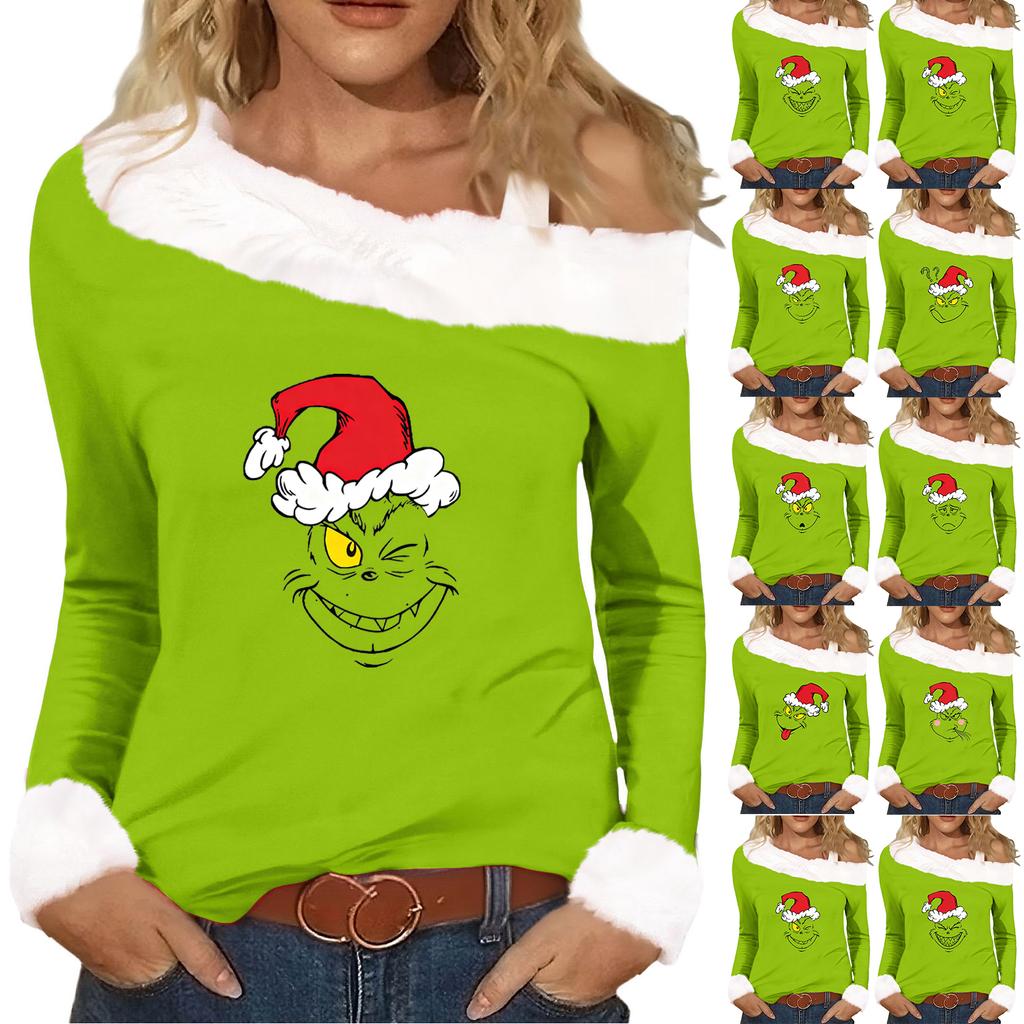 Women's Casual Fashion Sexy Off-Shoulder Collar Christmas Pattern Long Sleeve Crewneck T-Shirt Top