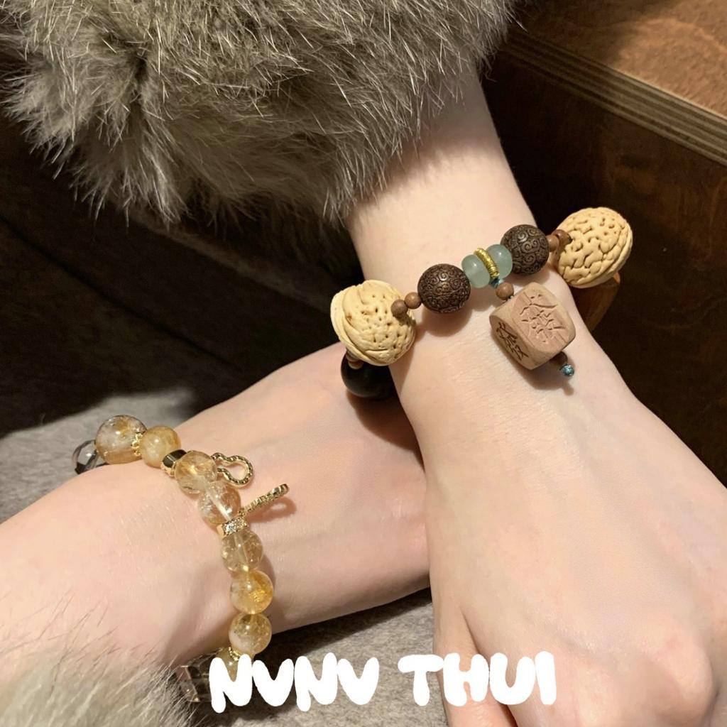 Jewelry, Natural Gold-Haired Crystal Sugar Cube Citrine Gourd Bracelet, New Chinese Fulu Sandalwood Gourd Bracelet Stacked