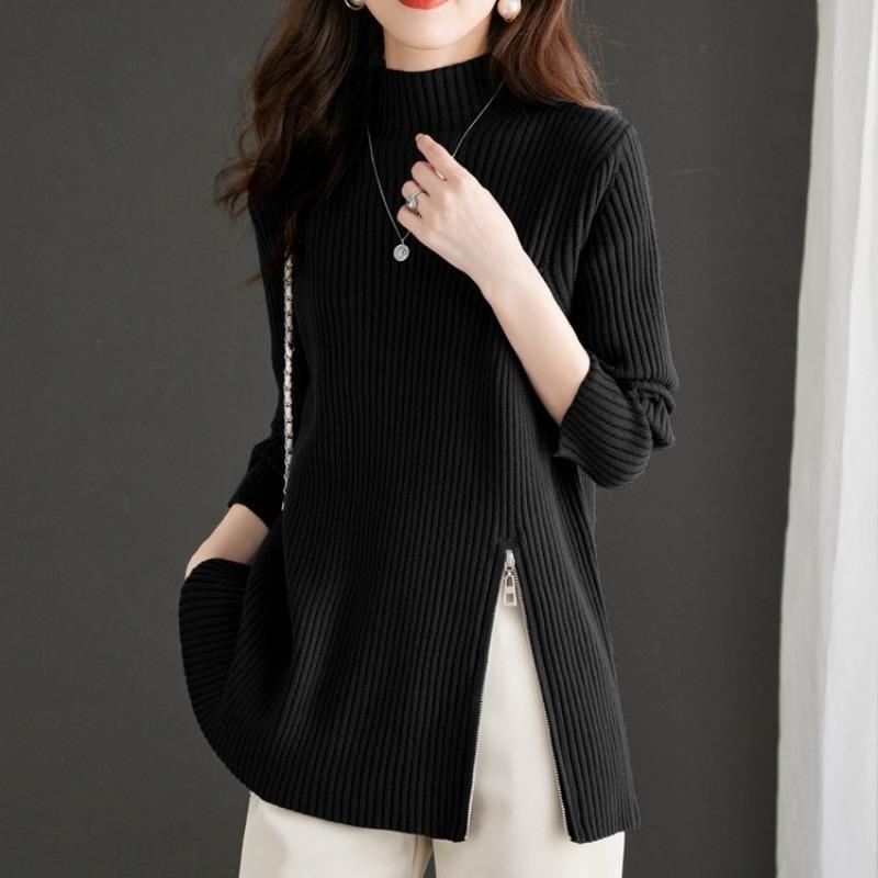 Design zipper semi-turtleneck solid color knitted sweater top women's autumn and winter new pullover sweater with bottoming shirt